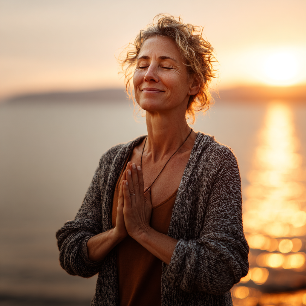 Elderly Hungarian woman practicing gentle yoga stretches beside water, wearing light blue clothing, peaceful riverside setting with natural background